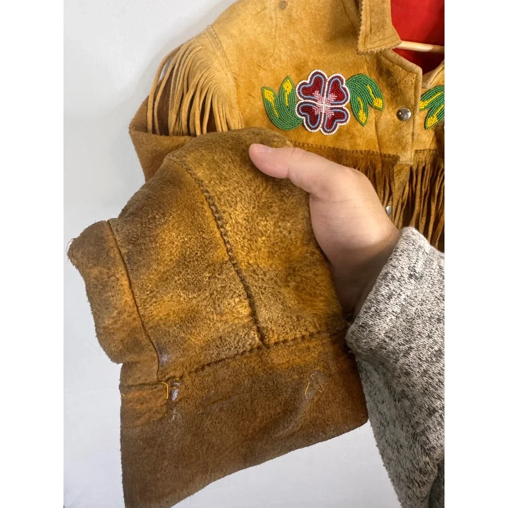 Vintage Buckskin Western Beaded Fringe Jacket Leather Floral Native Crop Women S - Picture 4 of 16